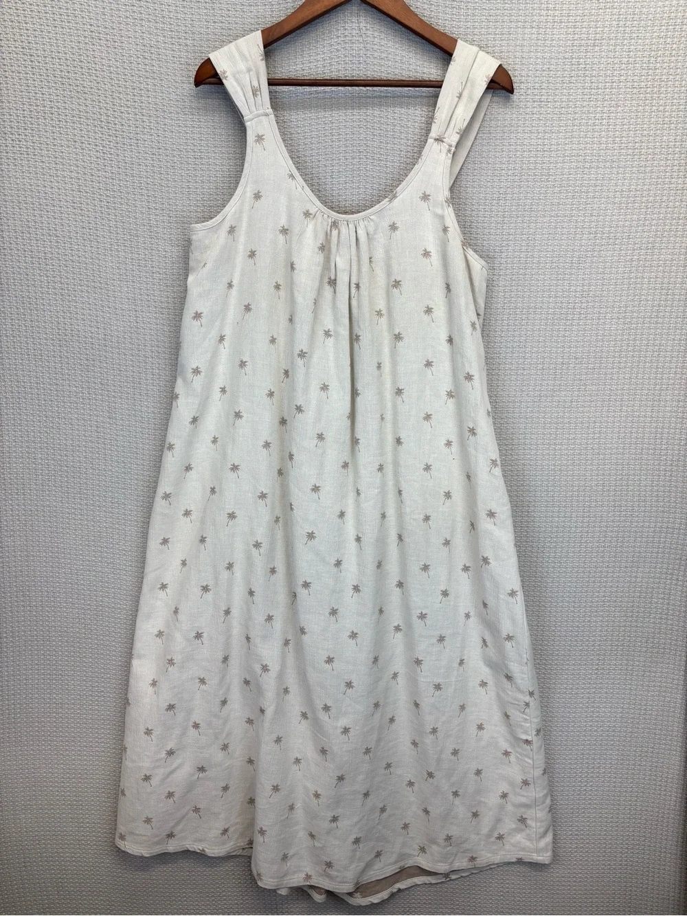 Faherty Tie Strap Organic Linen Cotton Tan Shift Midi Dress Sz Med Palm Trees